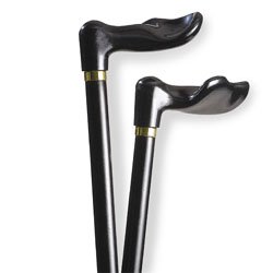 Wood cane - Black Right handle, this cane is designed to fit the hand like a glove for its palm grip handle. This cane and walking stick is very secure and comfortable and has a weight capacity of 250 pounds. This ergonomic wood cane is ideal for arthritis sufferers. It distributes weight across the entire palm. Height approx: 36 - 37 