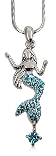 Small Silver Tone Mermaid Charm Necklace with Aqua Blue Embellished Crystals for Girls Teens Women