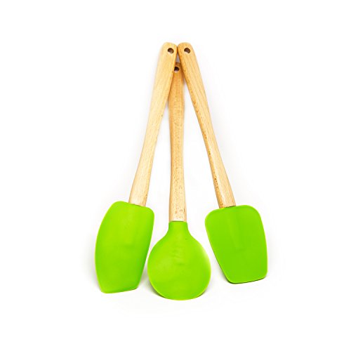 Quicklids QL-WS-GR Silicone Spatulas with Wooden Handles (Set of 3), Green