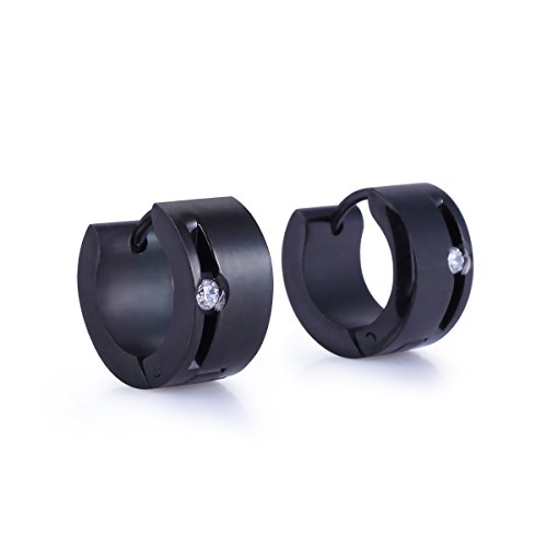 Cat Eye Jewels 316L Surgical Stainless Steel Black Groove Cubic Ziconia Huggie Hoop Earrings G4