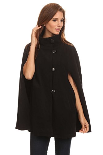 LL - Winter Soft Fleece Button Front Poncho Cloak Coat with Armholes (Black)