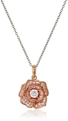 Rhodium and Rose Gold Plated Sterling Silver Round White Cubic Zirconia 4.5mm and Pink Cubic Zirconia Flower Pendant Necklace, 18