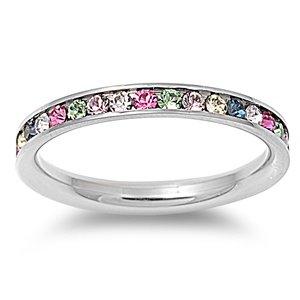 Stainless Steel Eternity Multi-Color Cz Wedding Band Ring 3mm (Size 4-10) ; Comes with Free Gift Box