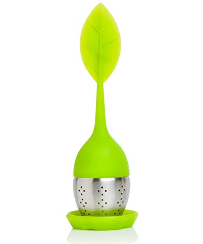 iNeibo Kitchen Silicone Loose Leaf Tea Infuser - Long Leaf Shape Handle - Stainless Steel Strainer - With A Rest Mat (green)