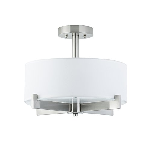 Linea di Liara Allegro Semi Flushmount Ceiling Lamp - 3 Light Fixture Brushed Nickel with White Fabric Shade Frosted Glass - 5-Inch Canopy LL-C132-BN