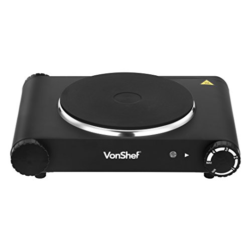 VonShef Premium Electrical Single Hot Plate / Countertop Hob 1500W - Stainless Steel - Black