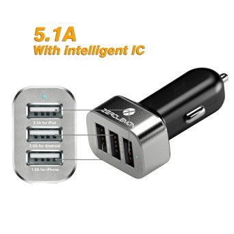 ZeroLemon Car Charger 5.1Amps / 25.5W Triple USB Aluminum Shield Rapid Charger for Apple iPhone 6, 5, 5S, 5C, 4, 4S, iPad 4 3 2, iPad mini, iPad Air, Android Devices, Samsung Galaxy Note 1 2 3, Galaxy S3, S4, S5, Tab 3. Premium Quality, Silver / Black - Lifetime Warranty