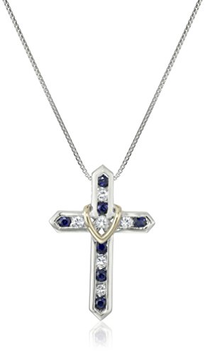 Sterling Silver and 14k Yellow Gold Blue and White Sapphire Cross Your Heart Pendant Necklace, 18