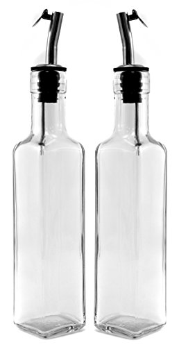 Oil & Vinegar Clear Glass Dispenser Bottles with Removable Pour Spout, Tall Square 8-Ounce Cruets Featuring Flip Top Pourer (Set of 2)