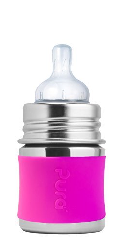 Pura Kiki 5 oz Stainless Steel Infant Bottle with Silicone Sleeve, Pink (Plastic Free, NonToxic Certified, BPA Free)