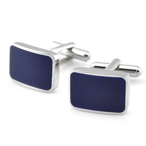 PenSee Classic Stainless Steel & Navy Enamel Rectangle Cufflinks for Men with Gift Box