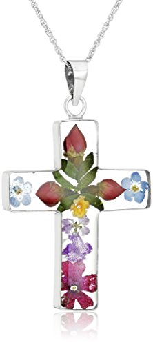 Sterling Silver Pressed Flower Multi-Colored Cross Pendant Necklace