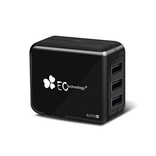 EC Technology 3-port 20W USB Wall Charger Fast Charger with Auto IC (Foldable Plug) for USB Devices- Black