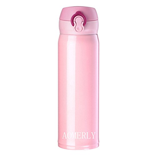 AOMERLY Double Walled Vacuum Insulation Mug One-touch Open Type Travel Beaker Pink