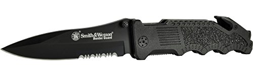 Smith and Wesson SWBG1S Border Guard 2 Rescue Knife with Serrated Drop Point Blade, Glass Break and Seatbelt Cutter, Black