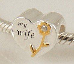 My Wife Heart - Gold Plated & Sterling Silver Charm Bead - fits Pandora, Chamilia etc style Bracelets - SpangleBead