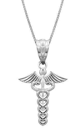 Sterling Silver Caduceus Necklace Pendant with 18 Box Chain