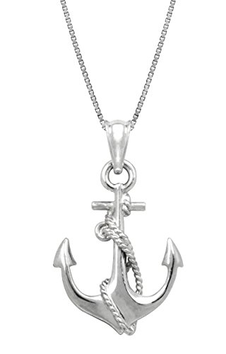 Sterling Silver Ship Anchor and Rope Necklace Pendant with Box Chain