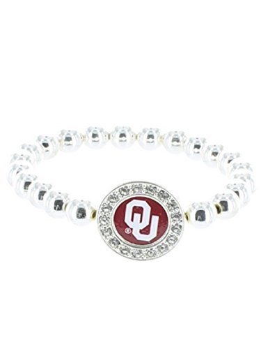 Officially Licensed University of Oklahoma Silvertone Crystal Studded Charm Silver Bead Stretch Bracelet