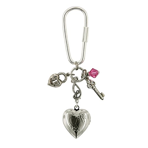 1928 Jewelry Heart Lockets Silver Tone with Purple Bead Charm Key Ring