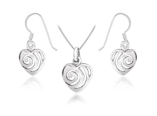 Tuscany Silver Sterling Silver Set of Swirl Heart Earrings and Pendant on Curb Chain of 46 cm/18 inch