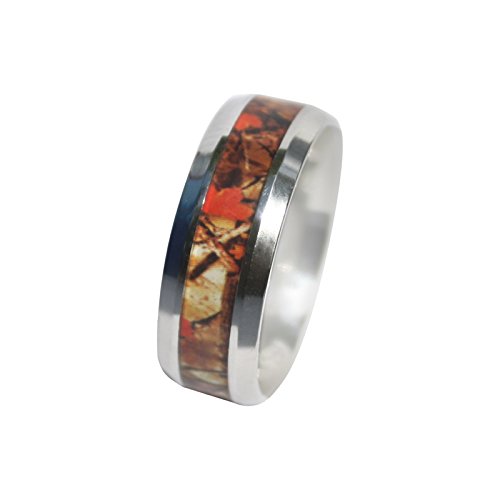 8mm Stainless Steel Silver Camo Ring for Men & Women LIFETIME WARRANTY, Comfort Fit, Wild Amber Blaze Orange Camo Ring ON SALE TODAY!