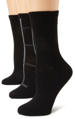 Anne Klein Women's 3 Pair Pack Plaid Crew Socks, Black/Black/Black, One Size