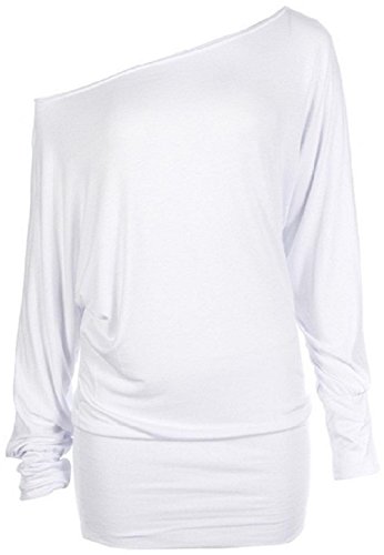 Hot Hanger Womens Long Sleeve Off Shoulder Plain Batwing Top : Color - White : Size - 12-14 ML