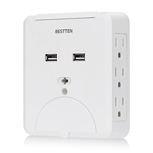 Bestten 15A 6 AC Outlet Plugs with 2.1A Dual USB Ports Universal Wall Charger