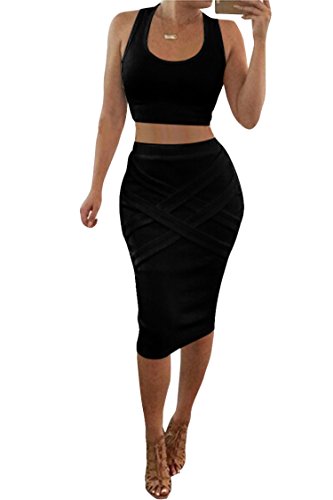 LaSuiveur Womens Crop Top Midi Skirt Outfit Two Piece Bodycon Bandage Dress