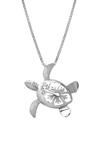 Sterling Silver Turtle and Hibiscus Necklace Pendant with 18 Box Chain (25mm)