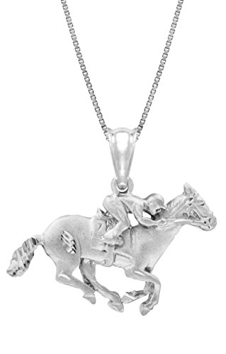 Sterling Silver Race Horse with Jockey Necklace Pendant with 18 Box Chain