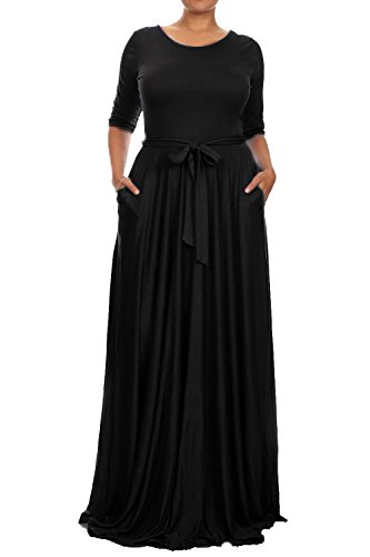 CANIS Plue Size Rayon Jersey Full-Length Sweep Maxi Dress with Pocket (L, Black)