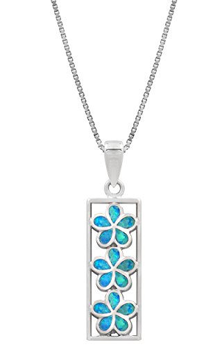 Sterling Silver Three Plumeria Flower Bar Necklace Pendant with Synthetic Blue Opal and 18 Box Chain