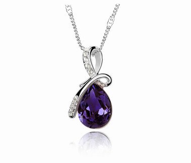SheClub Silver Plated Gemstone Dark Purple teardrop pendant charm chain necklace