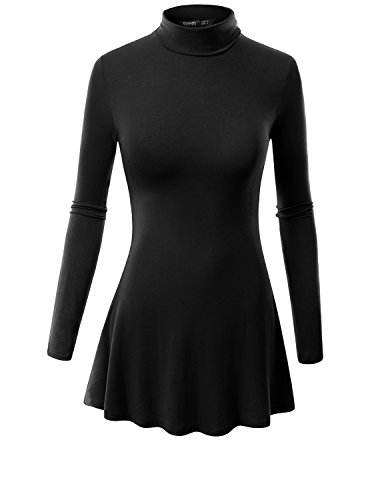 Thanth Womens Turtleneck Long Sleeve Various Hem Tunic Top Dress, Black, L