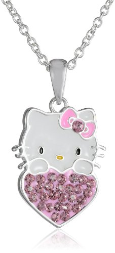 Hello Kitty Girls' Silver-Plated Crystal Heart-Pendant Necklace, 18