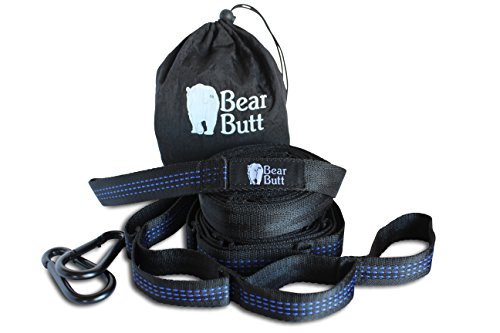 EAZY Set Up Hammock Straps With 2 FREE Carabiners by Bear Butt, *START UP COMPANY* With a WAY TOO EASY MONEY BACK PROMISE For those who Hate Knots, Want Easy Set Up Tree Straps & Bear Strength (Black)