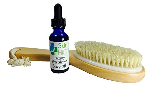 Dry Skin Brush and After Shower Body Oil Combo for Beautiful, Best Skin & Body - Helps Cellulite Reduction & Dead Skin Removal - Natural Bristles - Polished Wood Finish Makes Great Gifts For Women