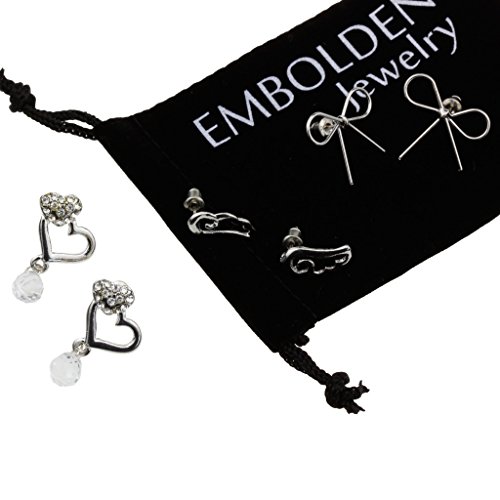 Silver Earrings Set with Studded Zirconia Crystals inBow,Dangle Heart, Hollow Angel Wings