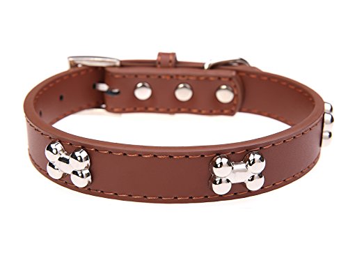 Leather Dog Collar with Bone Charm for Small Dogs 8-11 Brown S inches 30 cm