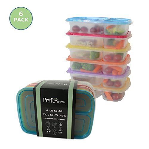 Prefer Green 3-Compartment Bento Lunch Box Containers Multi Color Portion Control Containers with Lids [6 PACK]