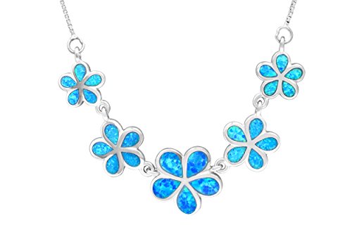 Sterling Silver Five Plumeria Flower Necklace with Synthetic Blue Opal