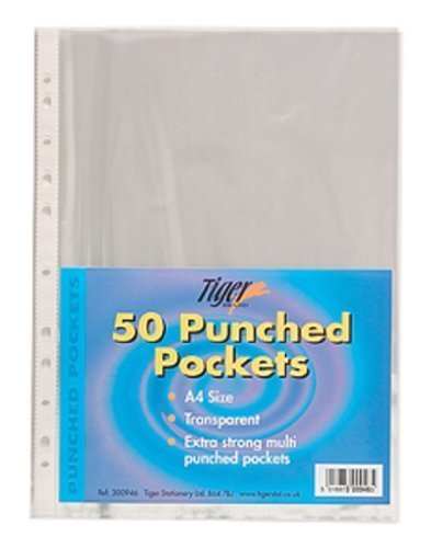 Tiger A4 strong transparent poly punched pockets x 50 sleeves/wallets