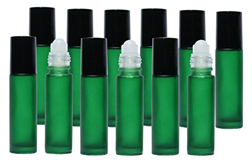 12 New Glass Roll-On Bottles, 10 ml Roller Bottles for Blending Aromatherapy and Using Essential Oils, Frosted Green UV Protective Roll On Bottle - Precision Ball Applicator - .2ml Dropper Included.