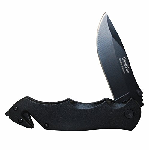 BlizeTec Pocket Folding Knife: 5-in-1 Ultimate Fire Fighter & Military Department Training Style Black Knife with Liner Lock, Thumb Stud, Clip, Seatbelt Cutter & Glass Breaker