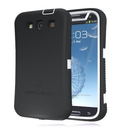 [180 Days Warranty][Case WITHOUT Battery] Zerolemon White / Viper Black Zero Shock Series for Samsung Galaxy S3 S III I9300 - Covers All Battery Sizes - Worlds Only Universal Form Fitting Case. Rugged Hybrid Case Includes Screen Protector, Belt Clip, Holster and Kickstand **USA Patent Pending**