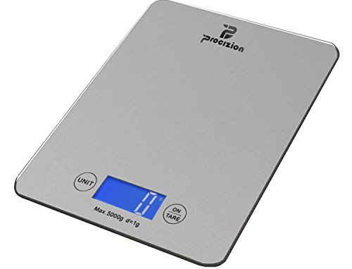 Procizion Digital Multifunction Kitchen Food Scale Bundle with Measuring Spoons, Cleaning Cloth and Batteries Measures up to 11 Lbs Backlit LCD (Silver - Frustration Free Package)