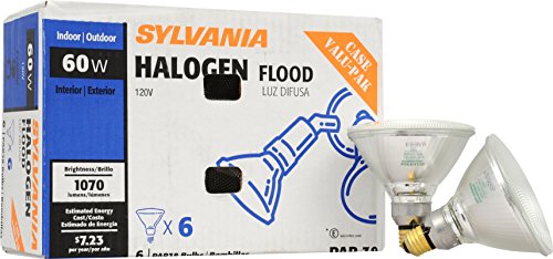 SYLVANIA Capsylite Short Neck Halogen Bulb Dimmable / PAR38 Reflector Narrow Flood Light / Replacement for halogen lamps 75W / Medium base E26 / 60 Watt / 2900K - warm white, 6 Pack