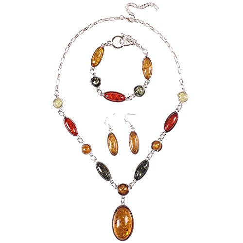 Amber Beaded Fine Multi-Colored Pendant Silver Necklace Earring Bracelet Set